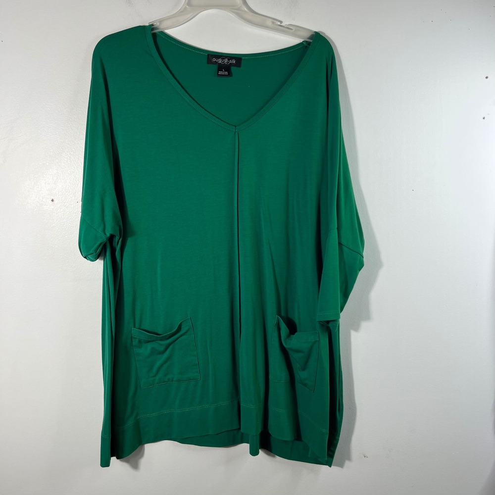 August Silk Womens Green V-Neck Pocket Tunic Top Sz L‎ Relaxed Fit Dolman Sleeve